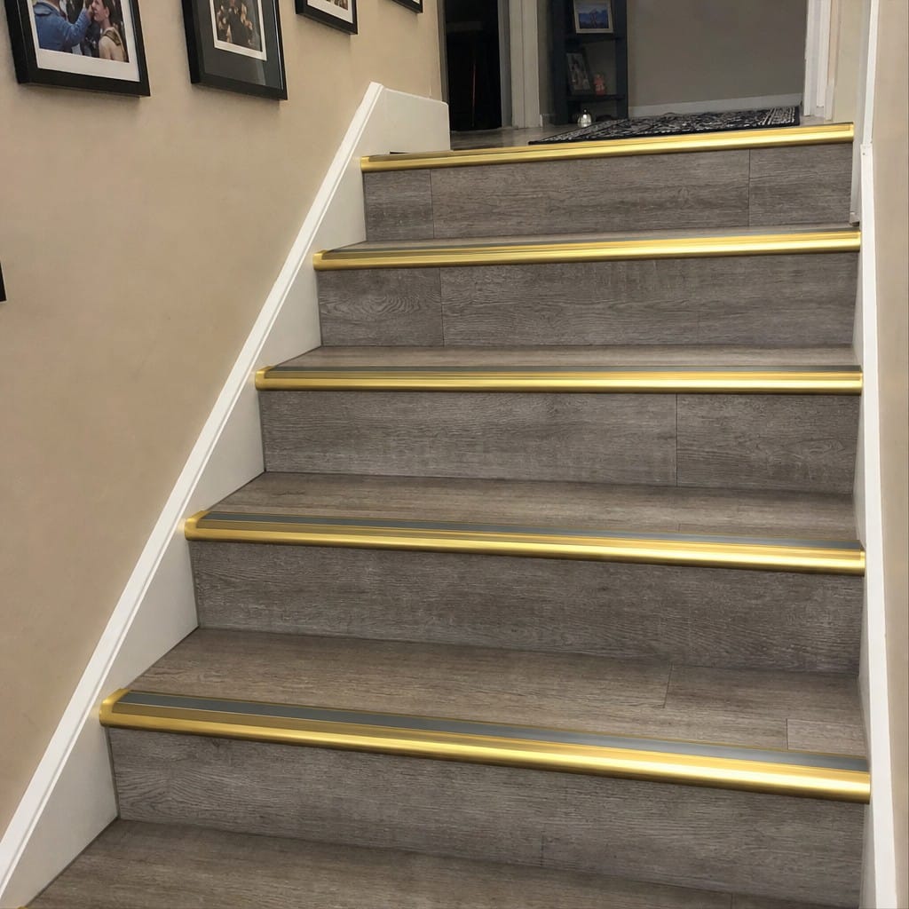 Customer photo review of Square Aluminium Stair Nosing 3.22m Double Insert 5mm Gauge