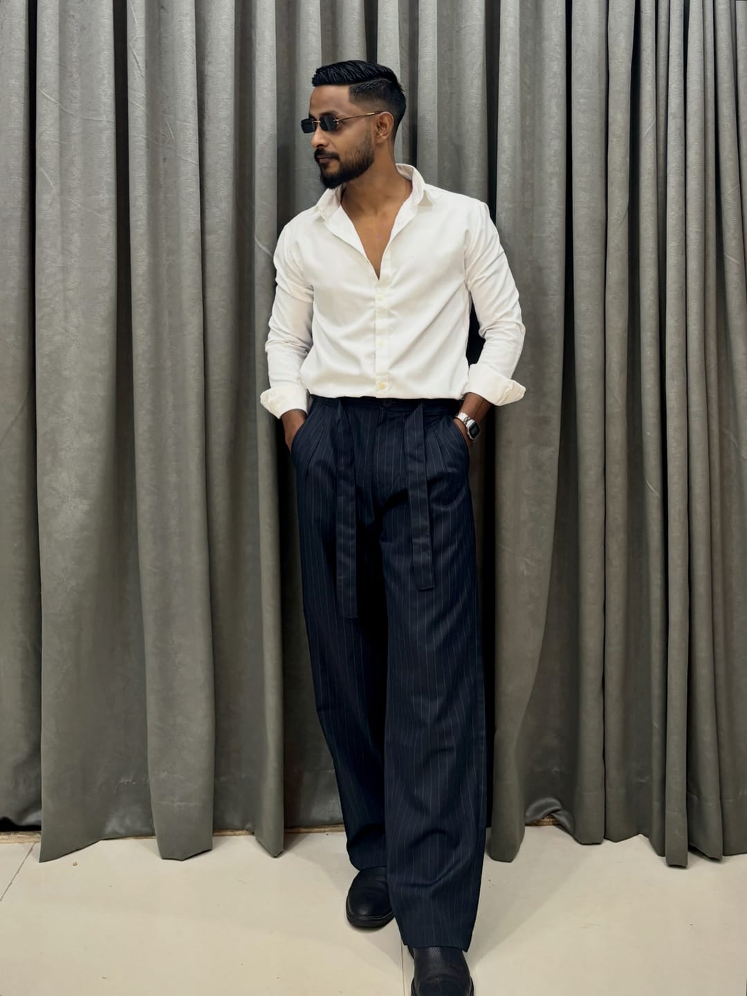 Customer photo review of Navy Striped Pleated Trousers