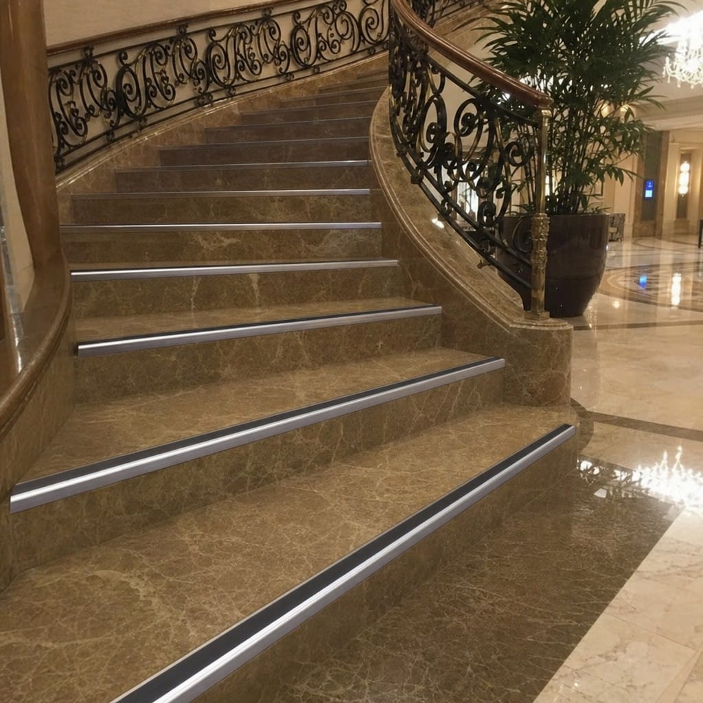 Customer photo review of Heavy Duty Chevron Aluminium Stair Nosing 3.22m, Single Insert, 65mm Riser