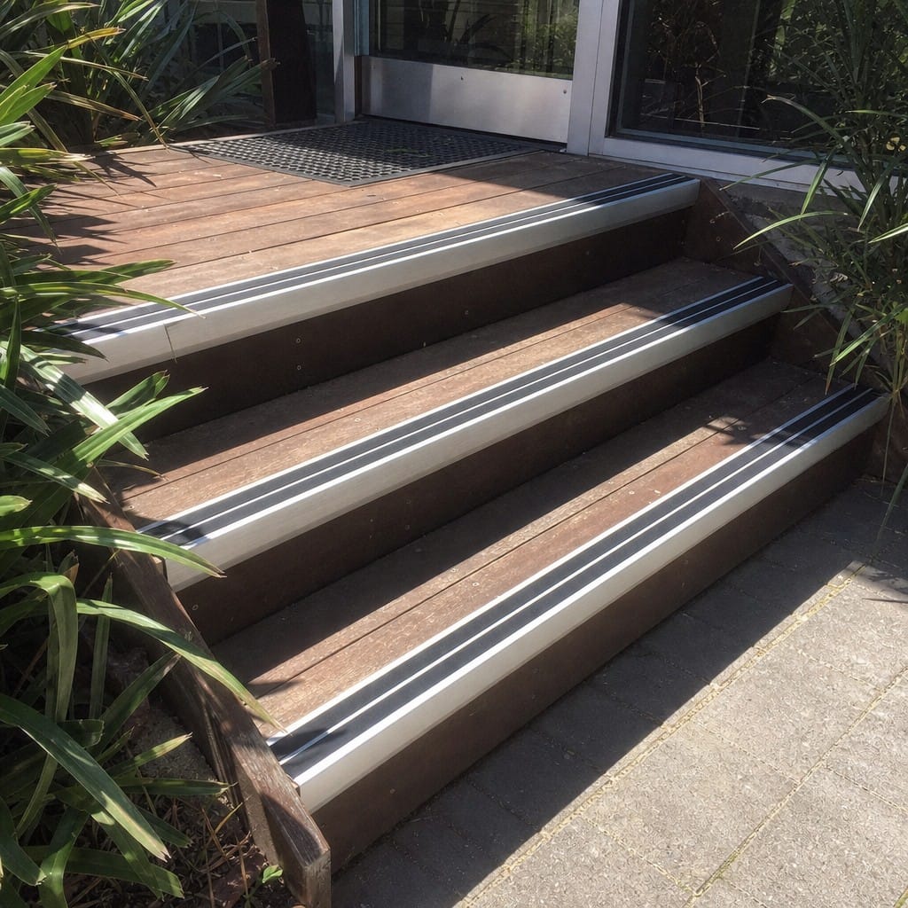 Customer photo review of Heavy Duty Chevron Aluminium Stair Nosing 2.44m, Double Insert, 60mm Riser