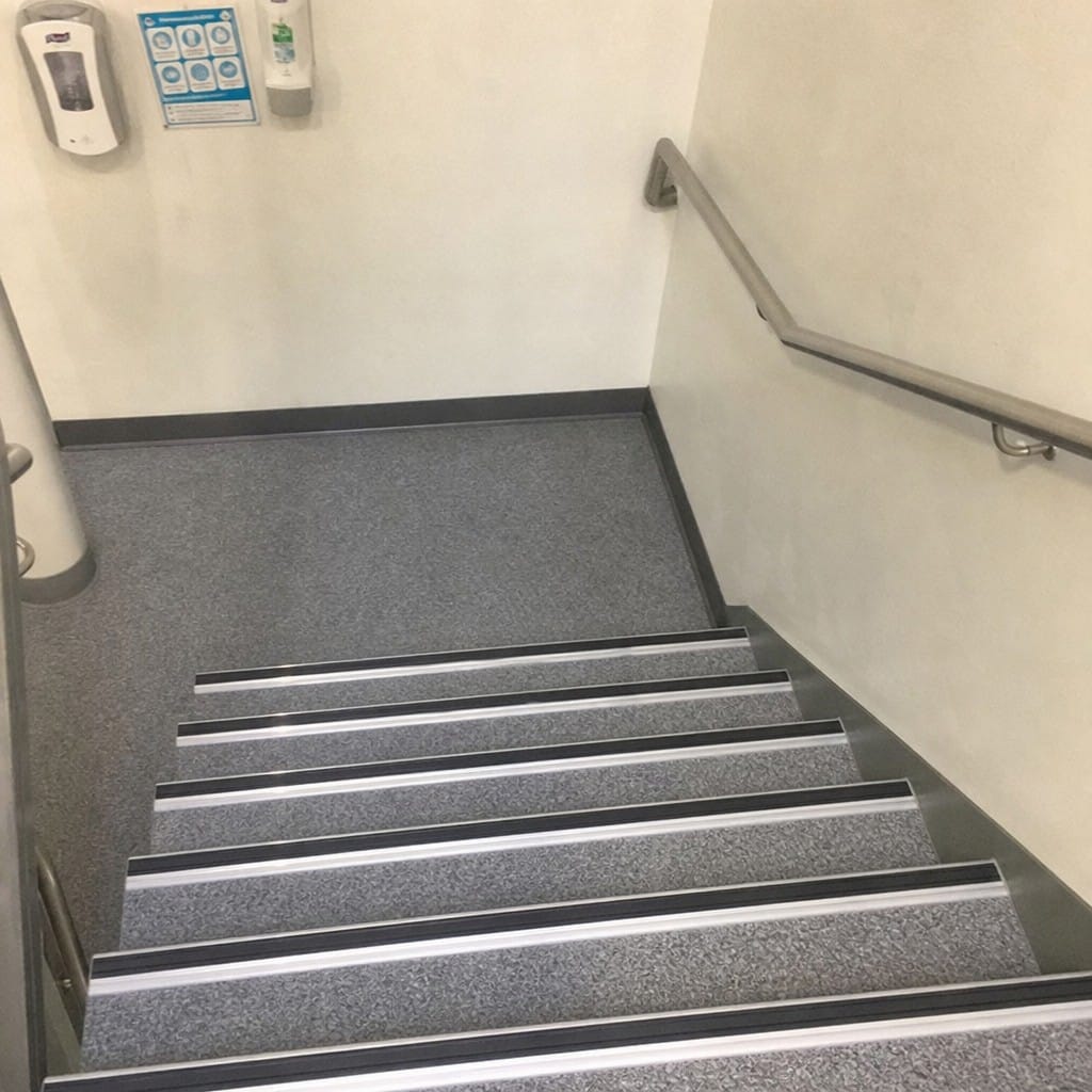 Customer photo review of Heavy Duty Chevron Aluminium Stair Nosing 2.75m, Double Insert, 40mm Riser