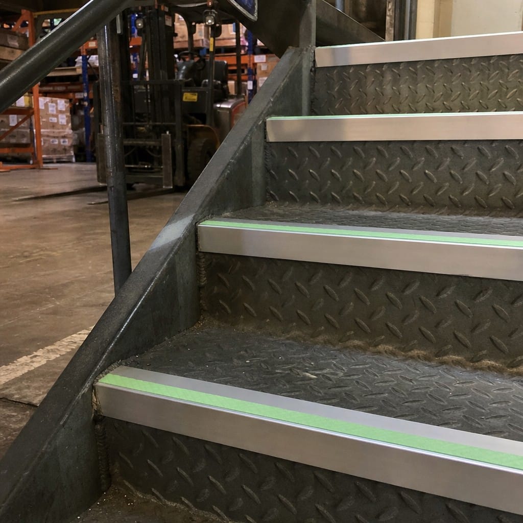Customer photo review of Aluminium Stair Nosing 67x55mm Photoluminescent Rake Back, DDA Compliant