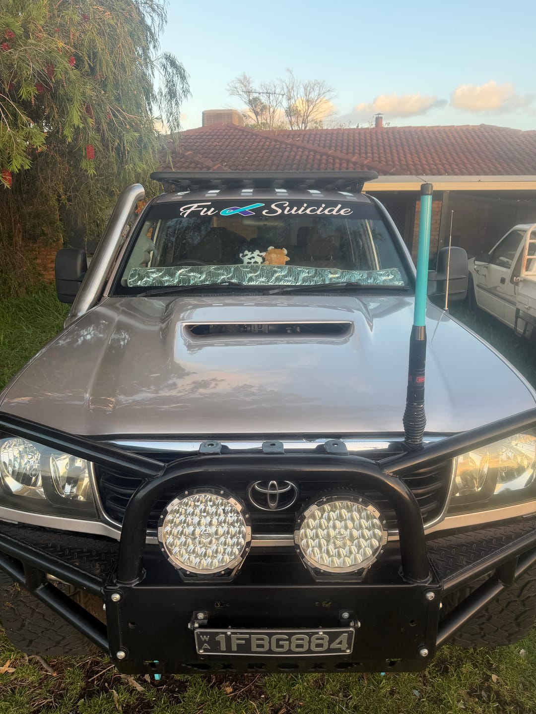 Customer photo review of Banner & Fuck Suicide Cursive - Combo
