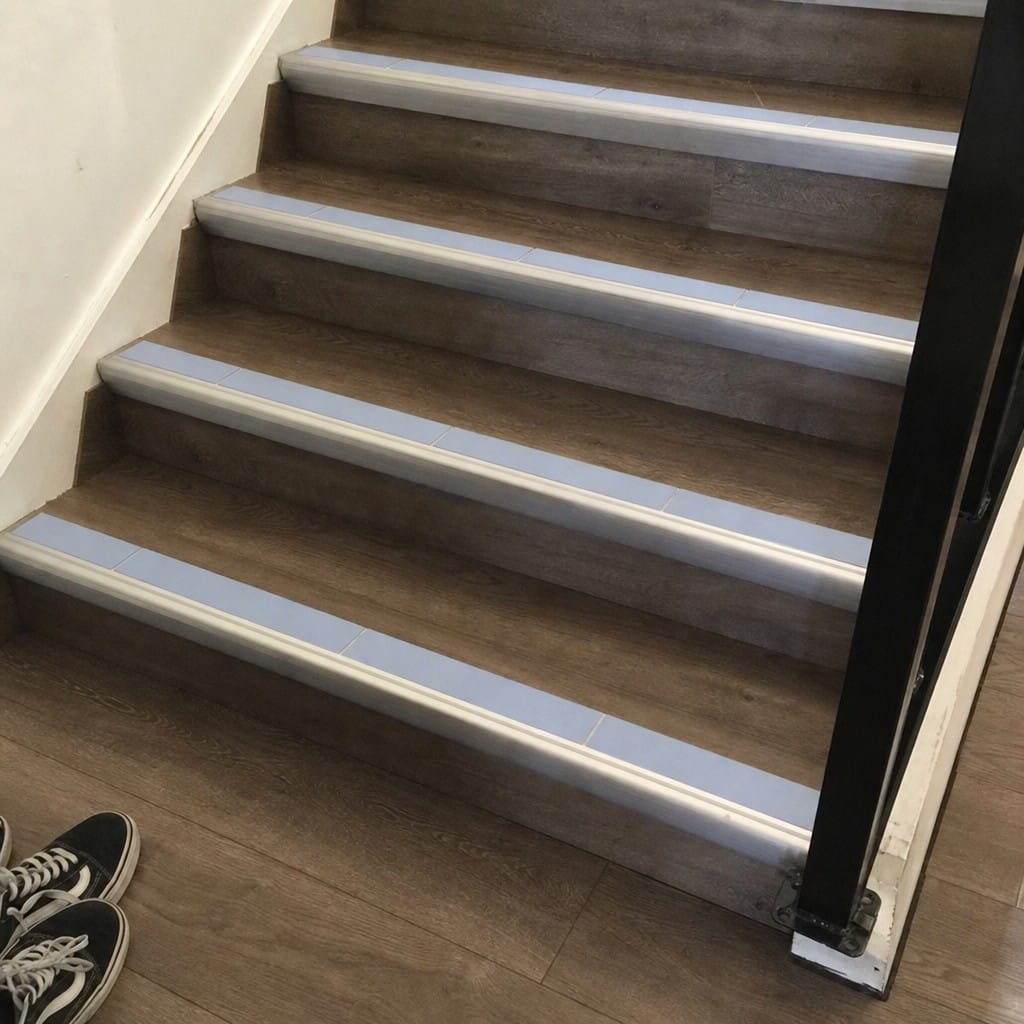 Customer photo review of Rake Back Stair Nosing 2.44m Aluminium Double PVC