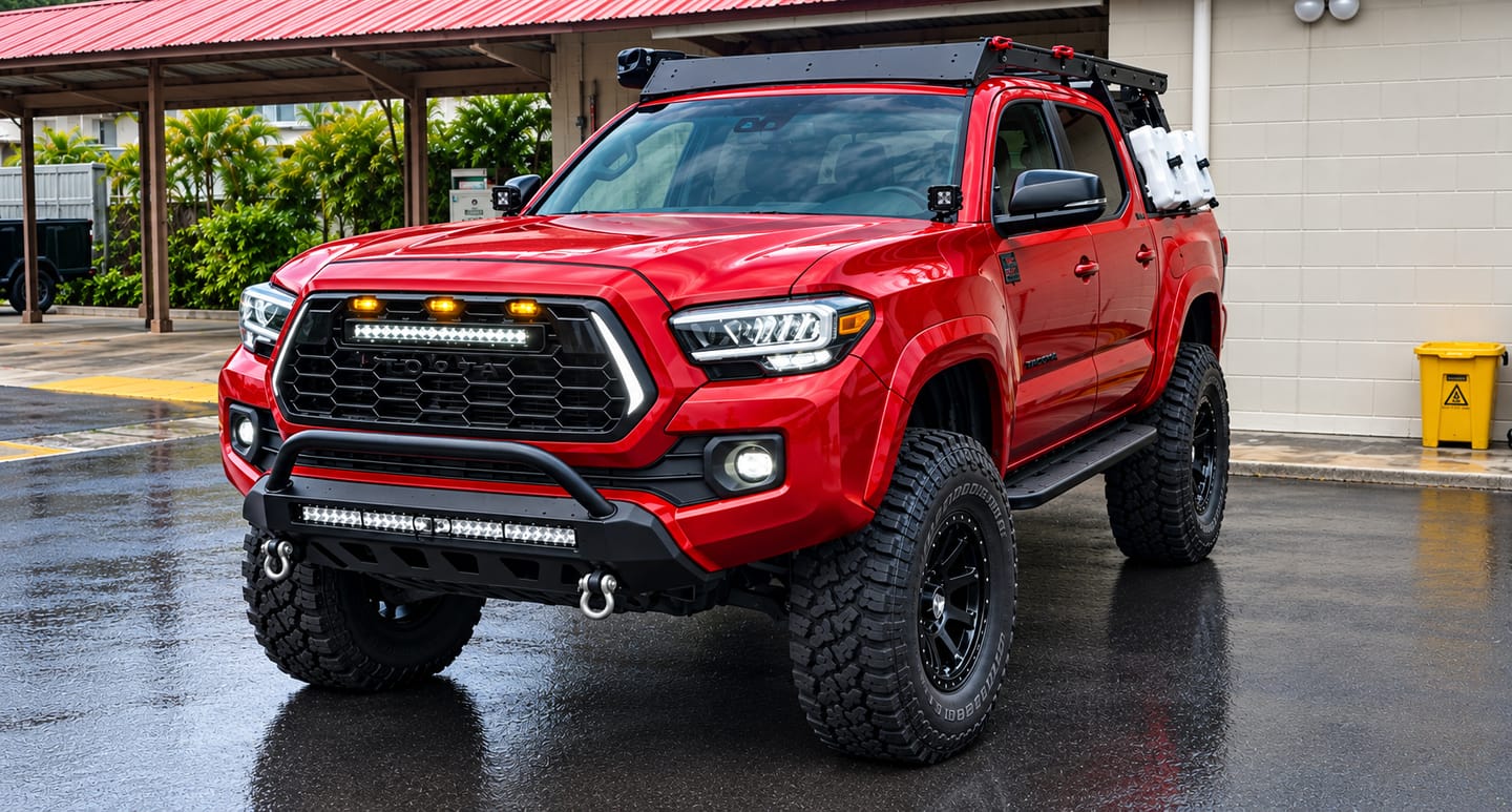 Customer photo review of 2016-2023 Tacoma Apex Pro Style Grille with LED Light Bar & Raptor Lights by YotaTribe