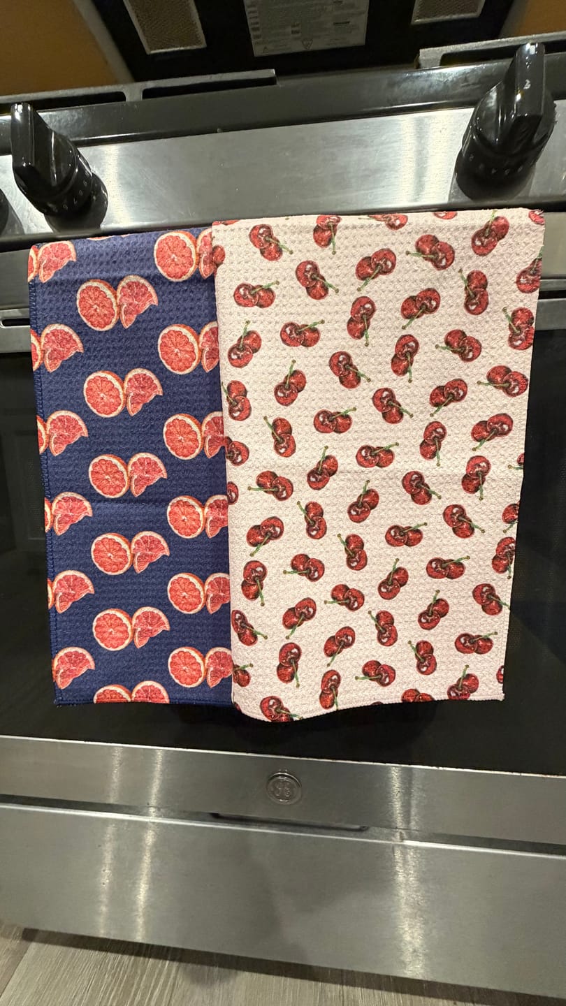 Customer photo review of Microfiber Cherry Pattern Tea Towel — Pink Retro Fruit Kitchen Towel