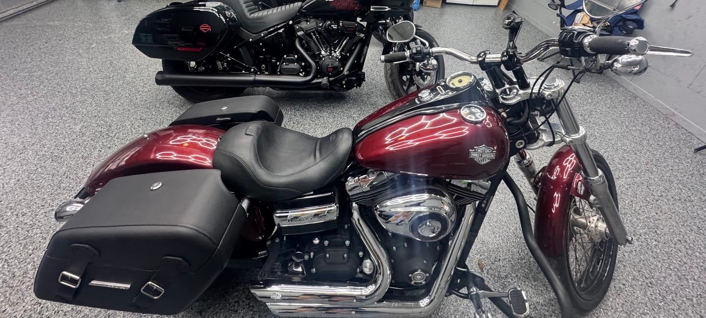 Customer photo review of 38L - Baldur Extra Large Shock Cut-out Leather Wrapped Motorcycle Hard Saddlebags for Harley Dyna Wide Glide FXDWG/I