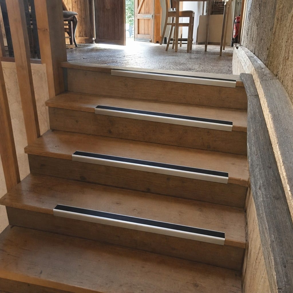 Customer photo review of Aluminium Stair Nosing 56x33mm Rake Back, Anti-Slip Insert, 4 Lengths