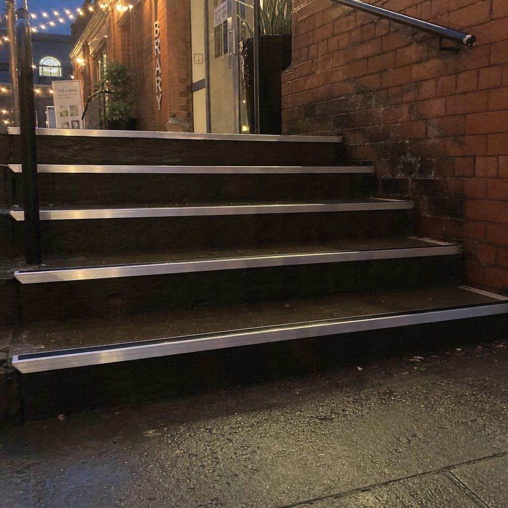 Customer photo review of Aluminium Stair Nosing 2.75m Rake Back Single Insert Strip