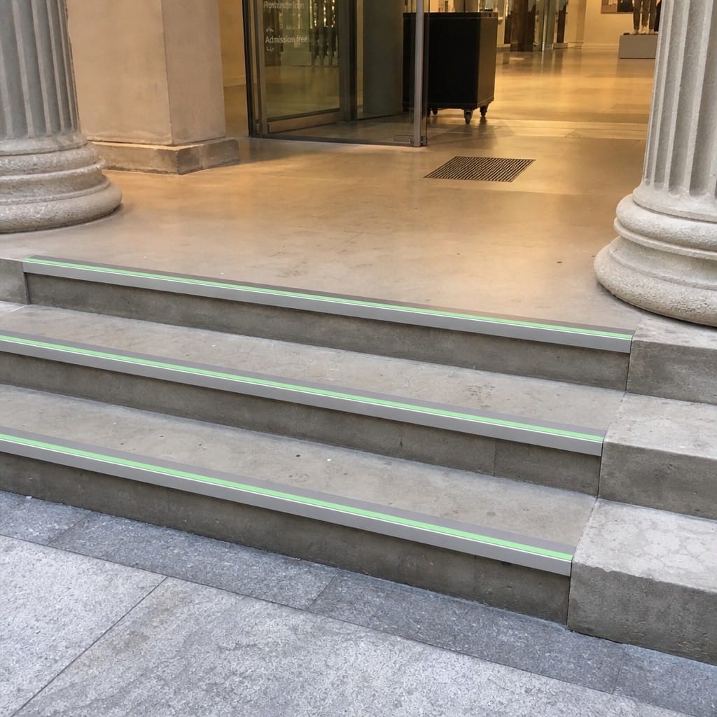 Customer photo review of Aluminium Stair Nosing 67x55mm Photoluminescent Rake Back, DDA Compliant