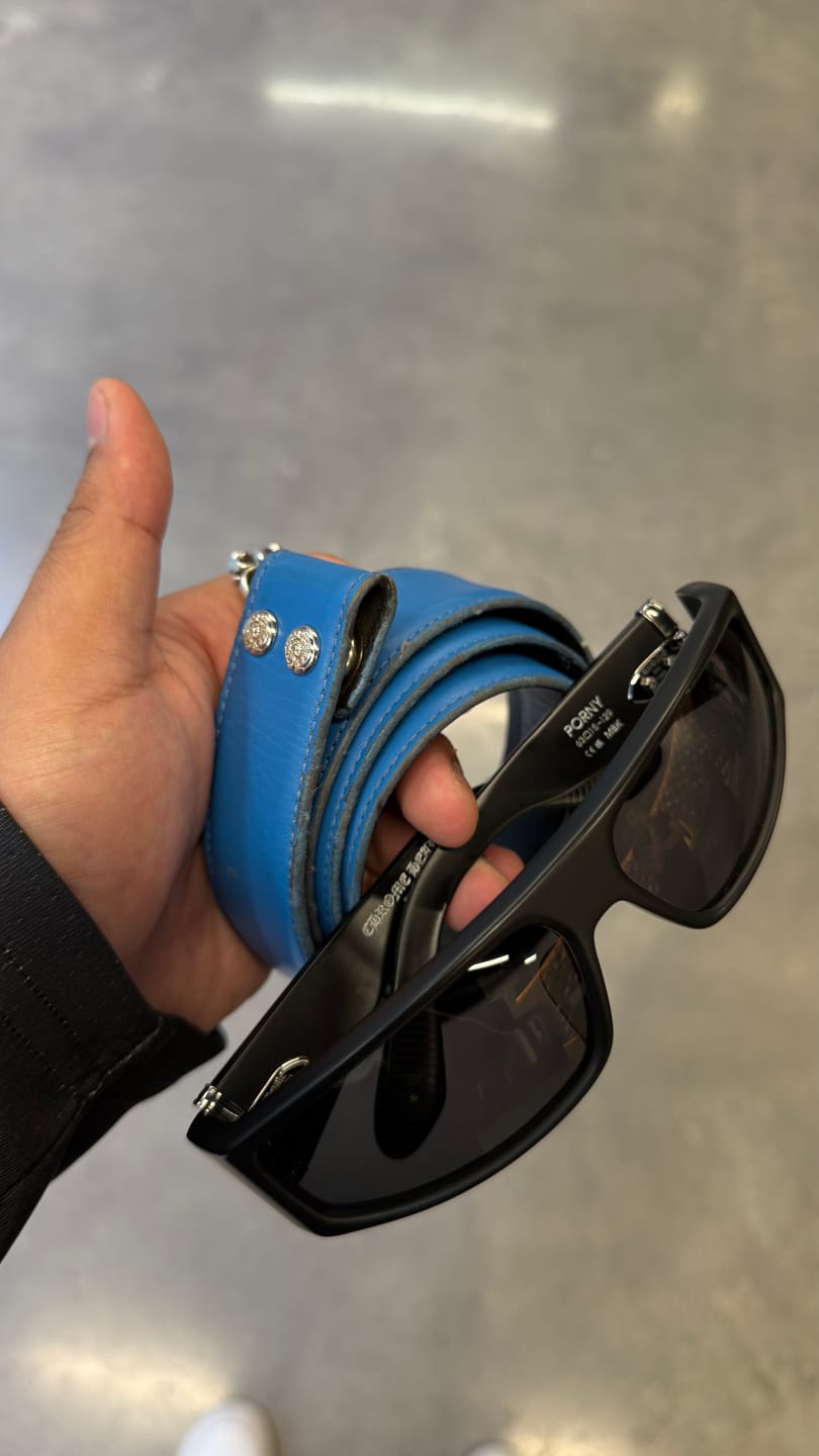 Customer photo review of Chrome Hearts Blue Leather Belt Strap (With Rhodium Hardware)