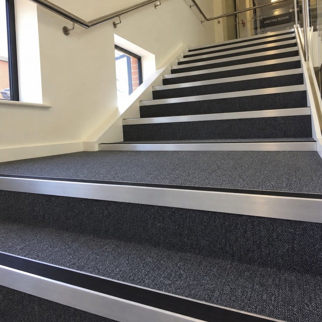 Customer photo review of Aluminium Stair Nosing 2.75m Rake Back Single Insert Strip
