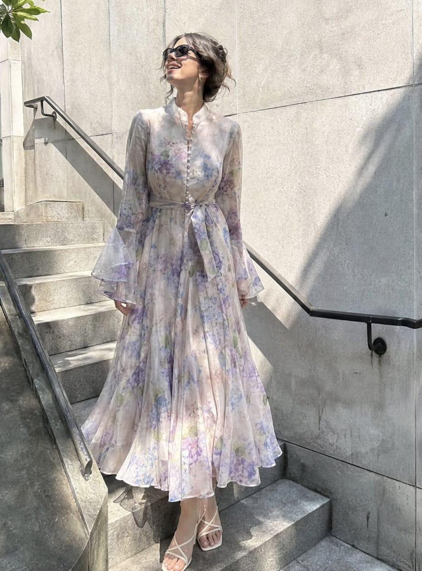 Customer photo review of Floral Print Maxi Dress With Ruffle Cuffs And Tie Waist Belt