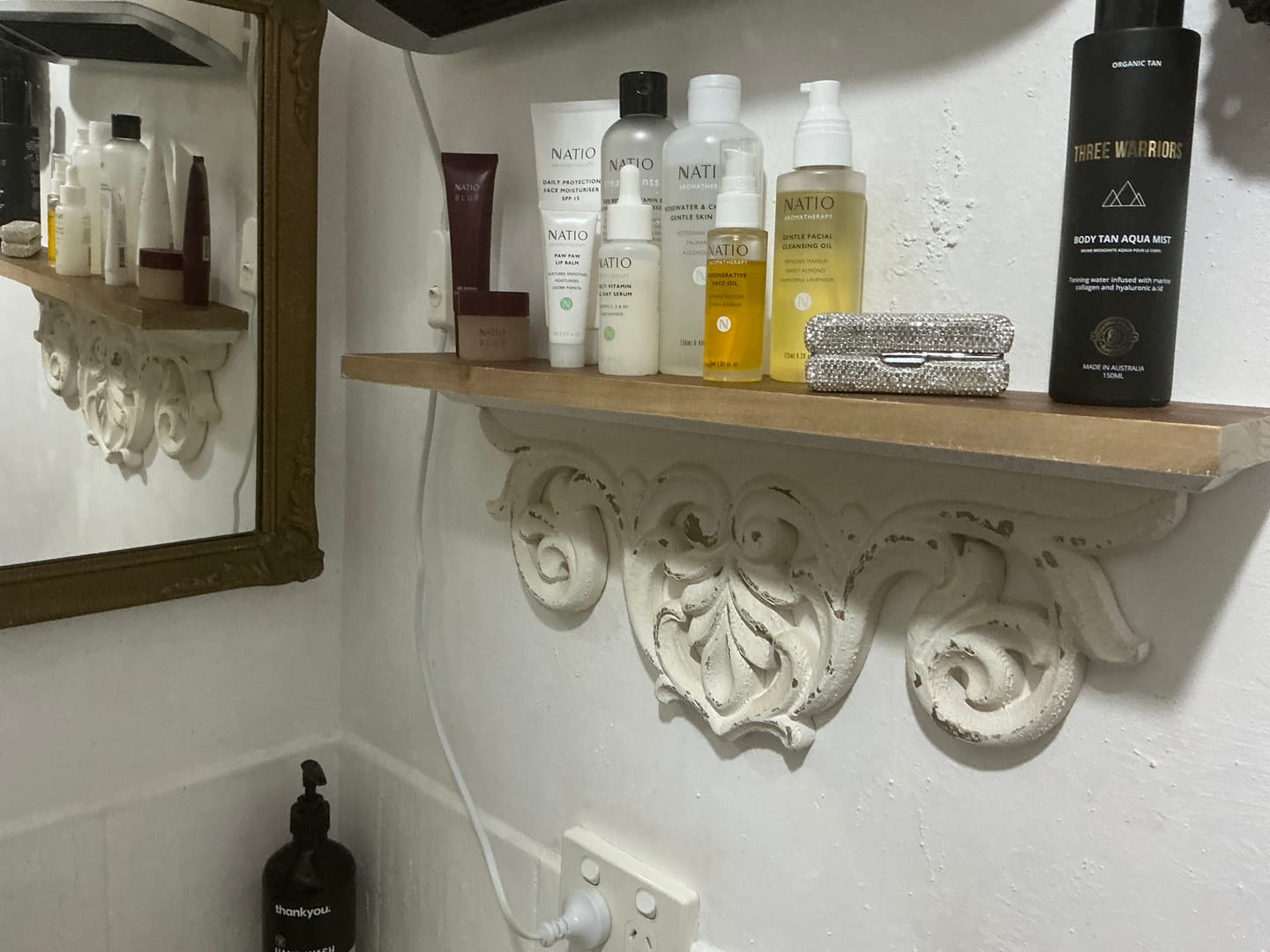 Customer photo review of Natalie French Provincial Mantel Shelf, Distressed White Openwork Scroll Wall Shelf with Timber Top