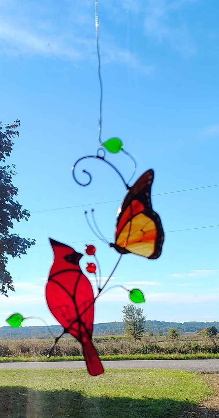 Customer photo review of Cardinal and Monarch Butterfly - Stained Glass Suncatcher