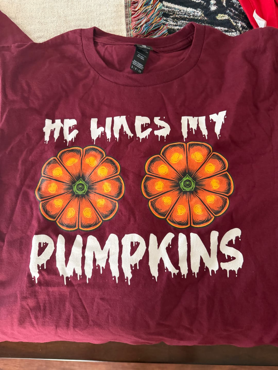 Customer photo review of He Likes My Pumpkins | Deluxe Unisex Tee v2