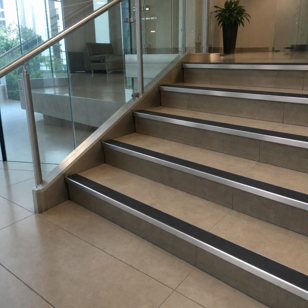 Customer photo review of Commercial Rake Back Stair Nosing 3.22m Aluminium Single