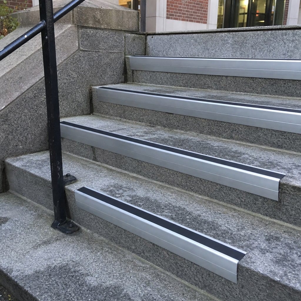 Customer photo review of Heavy Duty Chevron Aluminium Stair Nosing 3.22m, Single Insert, 65mm Riser