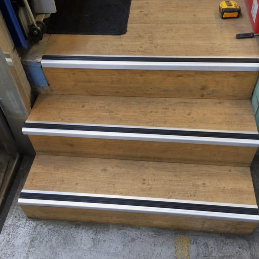 Customer photo review of Heavy Duty Chevron Aluminium Stair Nosing 2.44m, Double Insert, 40mm Riser