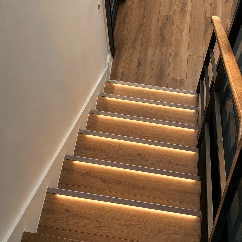 Customer photo review of Aluminium Anti Slip Stair Nosing 76.5mm x 26mm, Light Down for Safety on Stairs