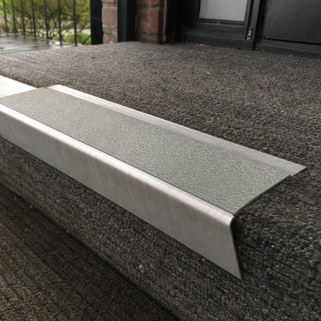 Customer photo review of Rake Back DDA Aluminium Stair Nosing 70 x 56mm, High Grip & Exterior Grip Inserts