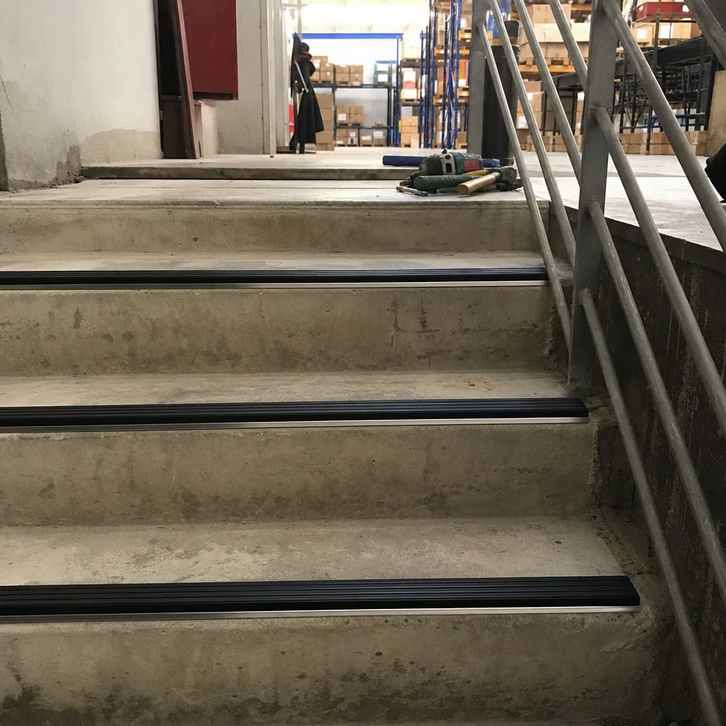 Customer photo review of Aluminium Tile-In Stair Nosing with Replaceable Anti-Slip PVC Tread, 25mm, 9mm and 11mm, 2.5m, Black or Grey