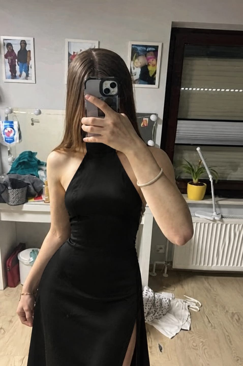 Customer photo review of Pearl Back Halter Satin Maxi Dress