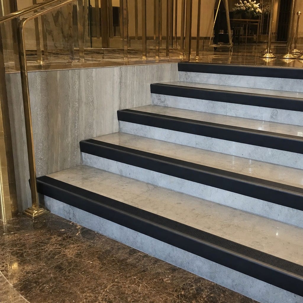 Customer photo review of Raked Back Stair Nosing 62x55mm Aluminium, 5mm Gauge, 1m & 2m