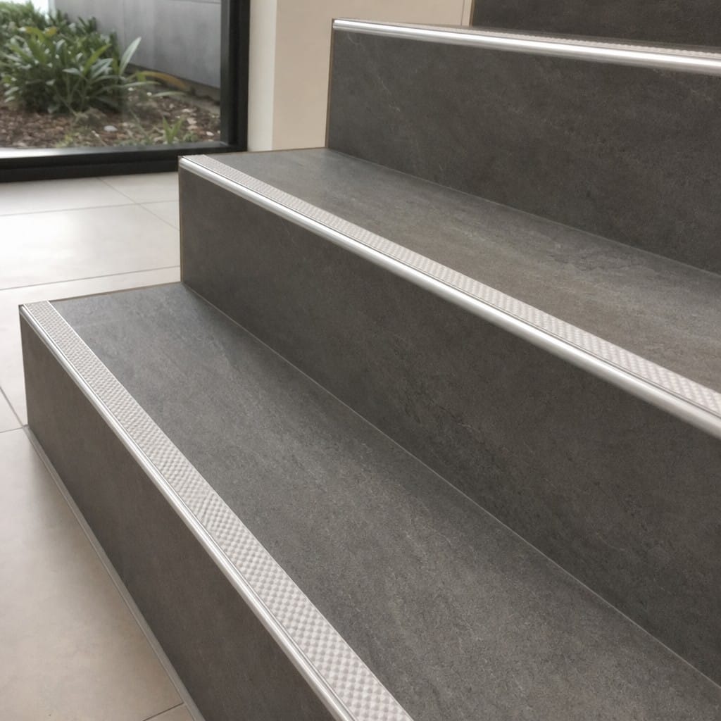 Customer photo review of Aluminium Tile-In Stair Nosing with Replaceable Anti-Slip Insert | 2.5m | 9mm & 11mm | Porcelain & Stone Stairs