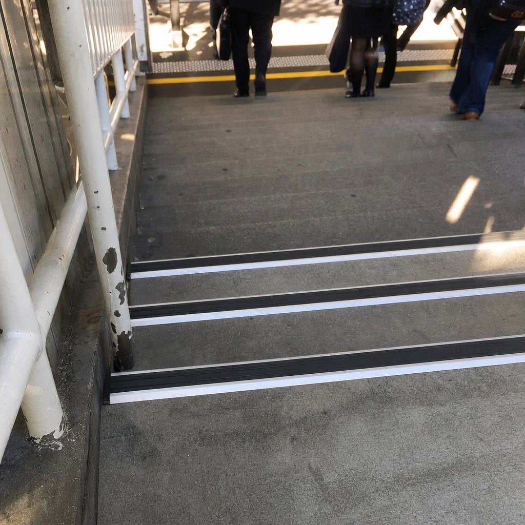 Customer photo review of Heavy Duty Chevron Aluminium Stair Nosing 2.75m, Double Insert, 40mm Riser