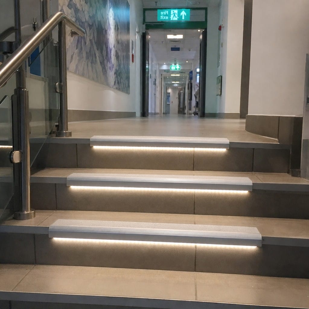 Customer photo review of Anti Slip Stair Nosing 76.5x26mm Aluminium with LED Lighting
