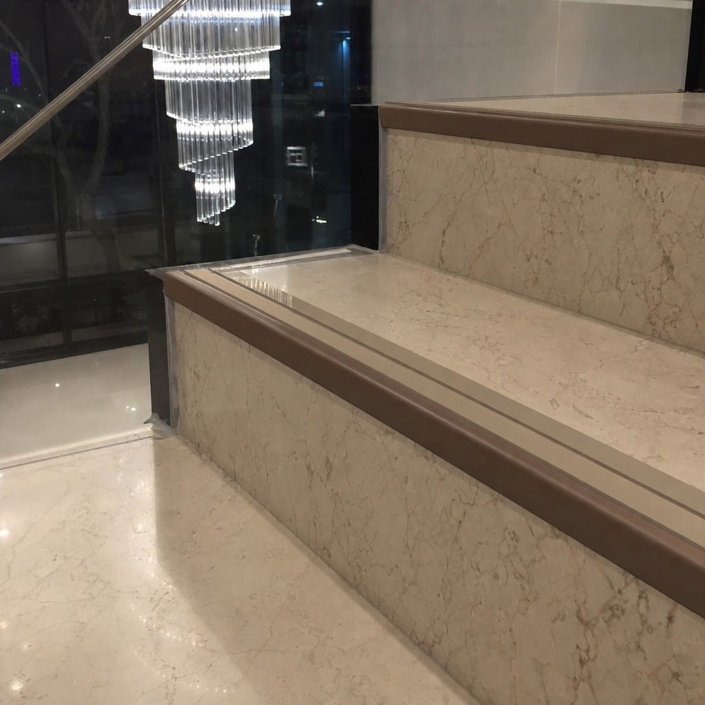 Customer photo review of Rake Back Stair Nosing 2.75m Aluminium Double PVC Insert 5mm