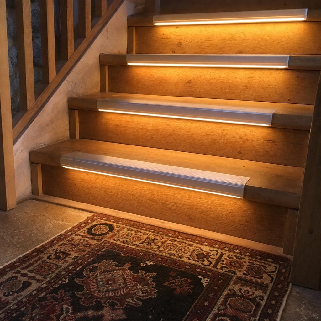 Customer photo review of Anti Slip Stair Nosing 76.5x26mm Aluminium with LED Lighting