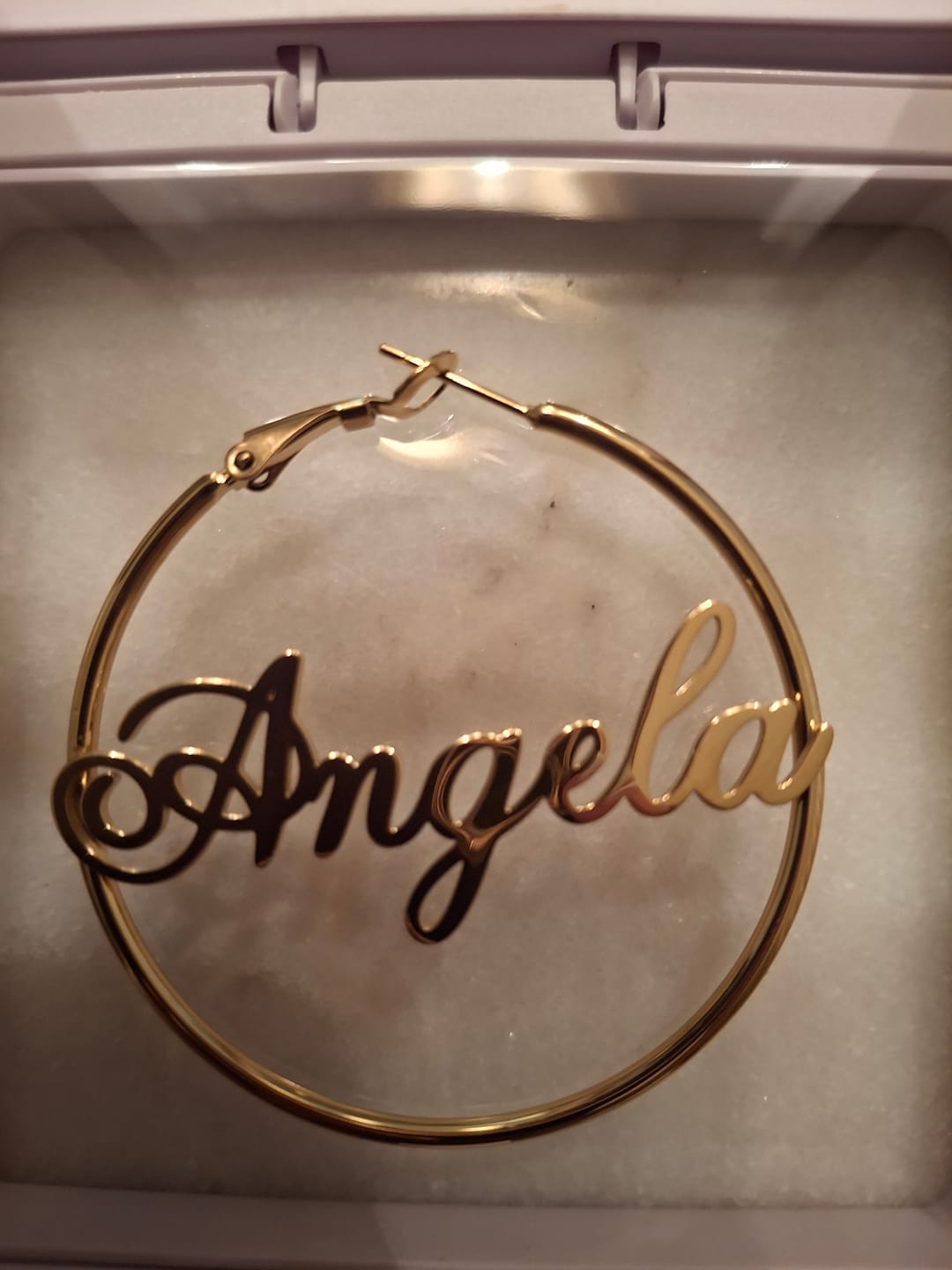 Customer photo review of Script Name Hoop Earrings