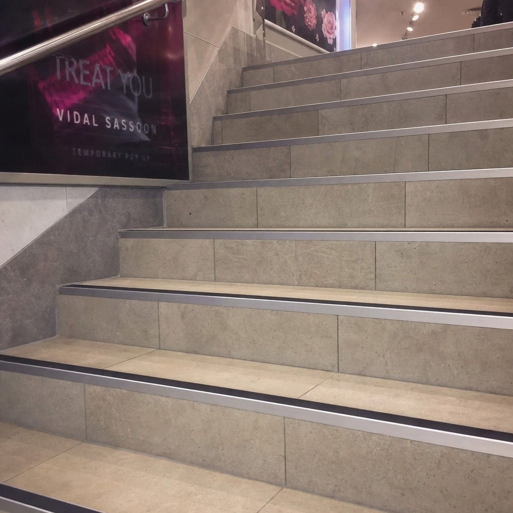 Customer photo review of Aluminium Stair Nosing 2.75m Rake Back Single Insert Strip