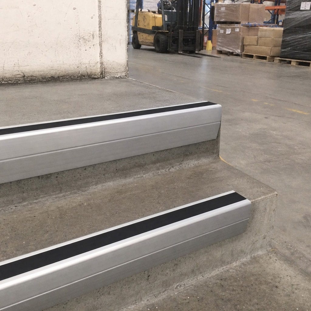 Customer photo review of Heavy Duty Chevron Aluminium Stair Nosing 2.44m, Single Insert, 65mm Riser