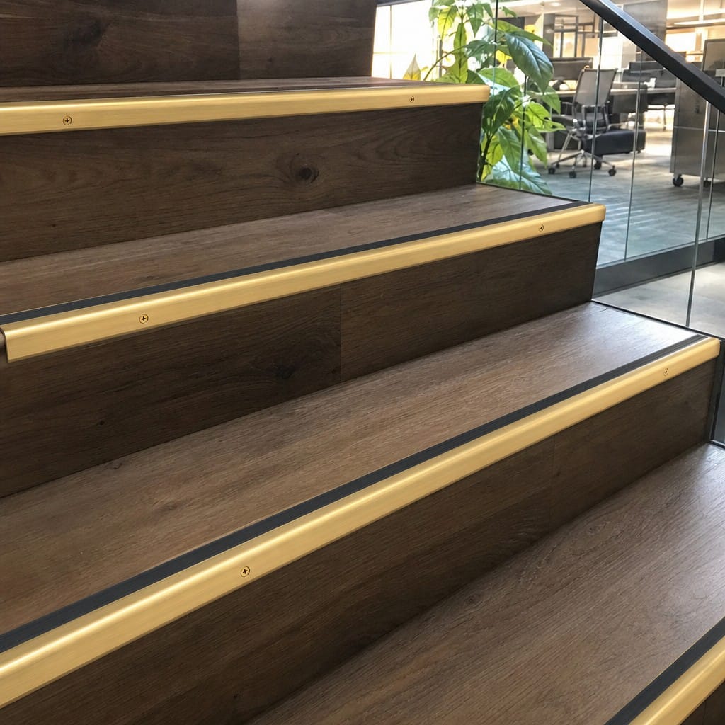 Customer photo review of Solid Brass Stair Nosing 63.5mm Bullnose, Anti-Slip Insert, Cut to Size