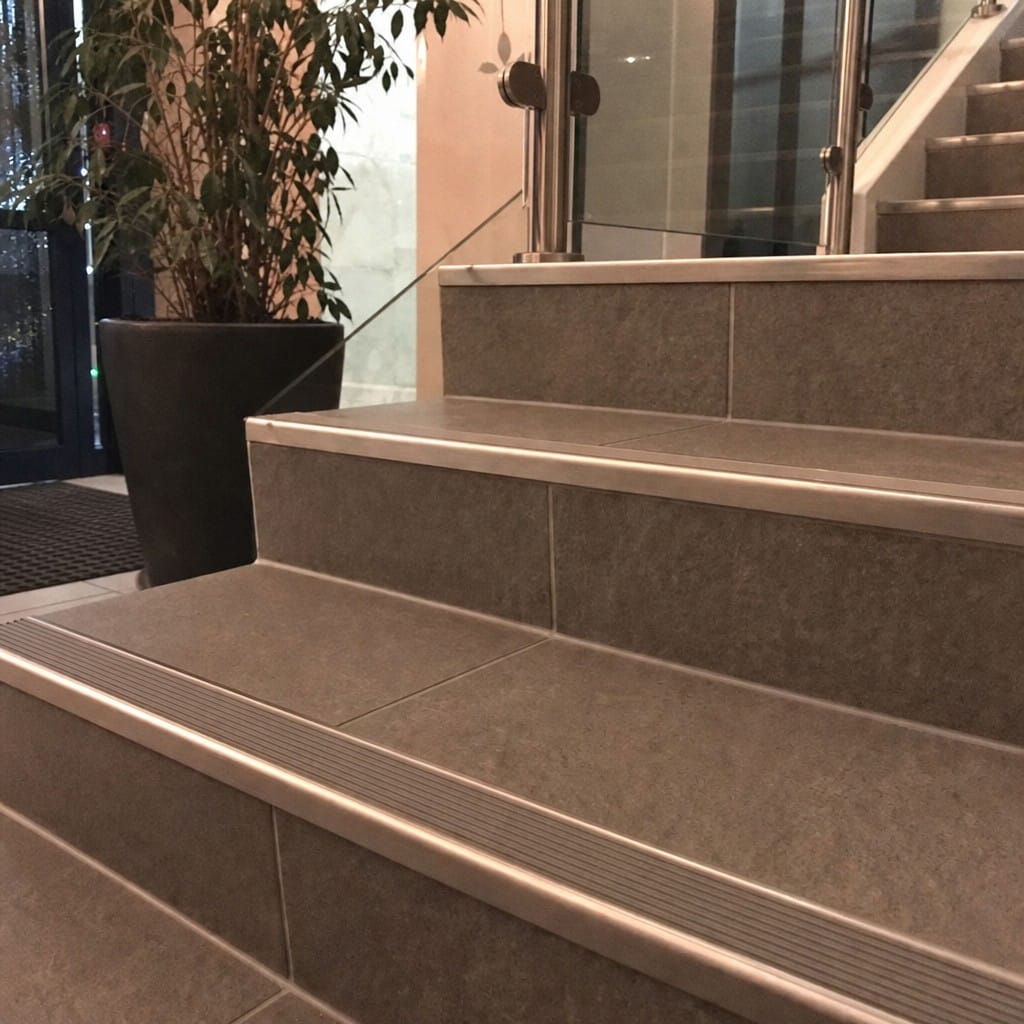 Customer photo review of Stainless Steel Tile-In Stair Nosing R9 | 26mm Narrow Profile | Replaceable Insert | 5 Colours
