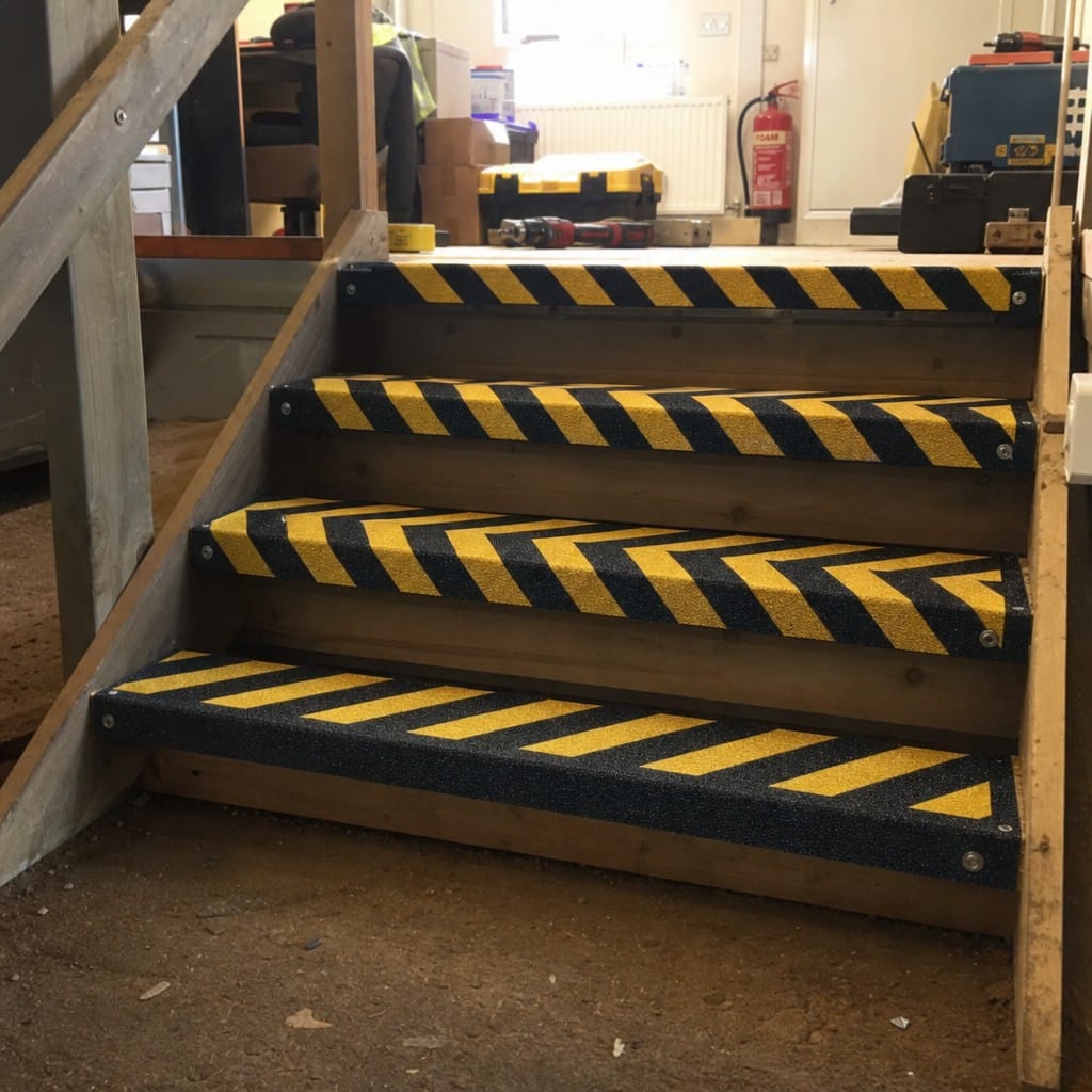 Customer photo review of GRP Anti-Slip Stair Tread Covers 4mm Heavy Duty | Black/Yellow Hazard | DDA | 7 Lengths