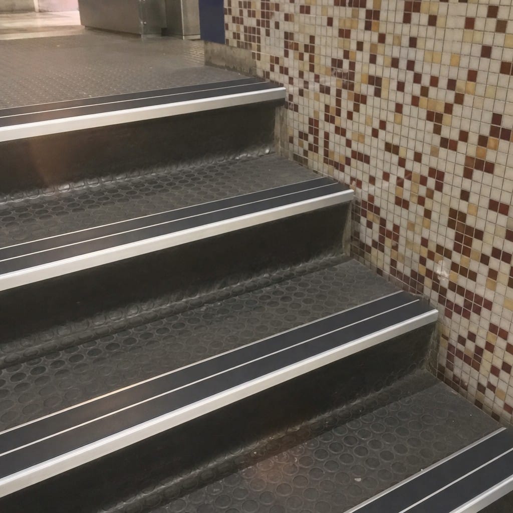 Customer photo review of Aluminium Stair Nosing 85x32mm Rake Back, Twin Anti-Slip PVC Inserts