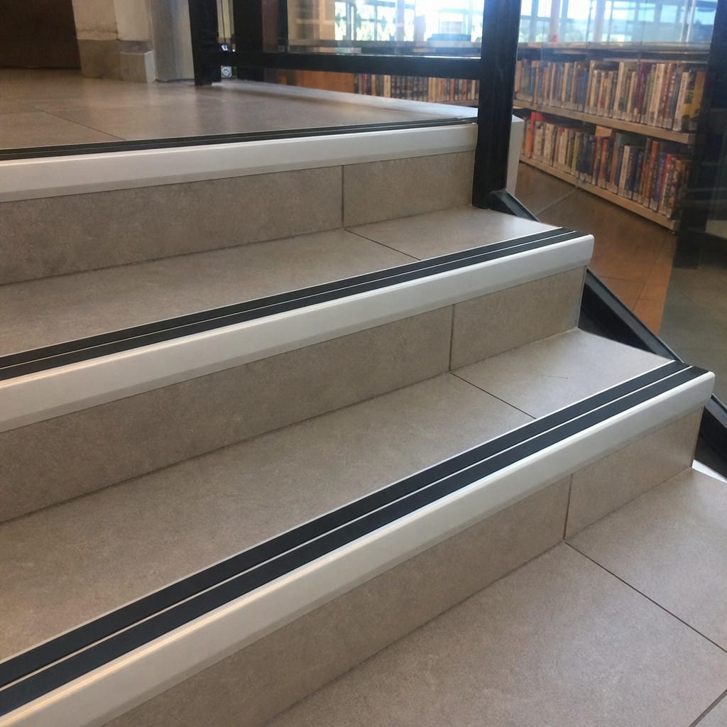 Customer photo review of Heavy Duty Chevron Aluminium Stair Nosing 2.44m, Double Insert, 60mm Riser