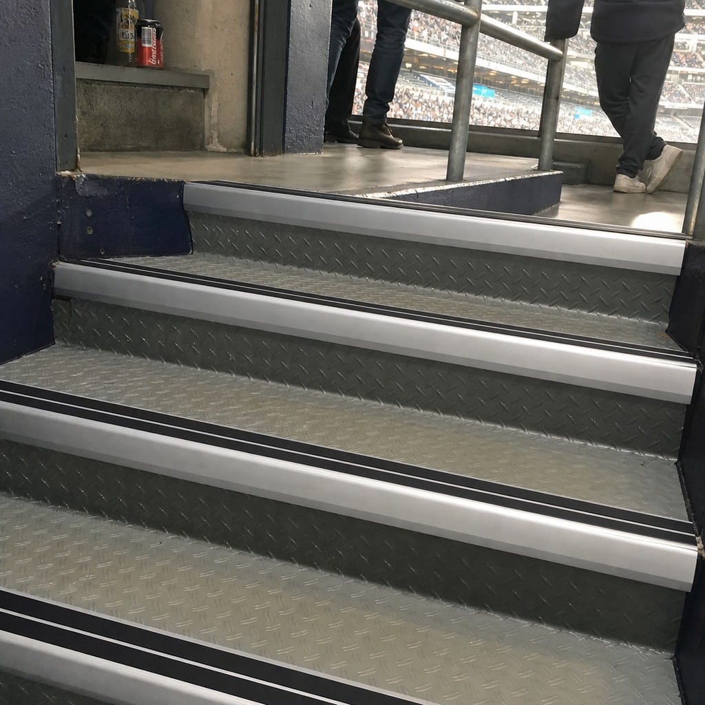 Customer photo review of Heavy Duty Chevron Aluminium Stair Nosing 2.75m, Double Insert, 60mm Riser