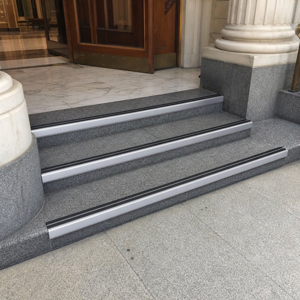 Customer photo review of Heavy Duty Chevron Aluminium Stair Nosing 3.22m, Double Insert, 60mm Riser