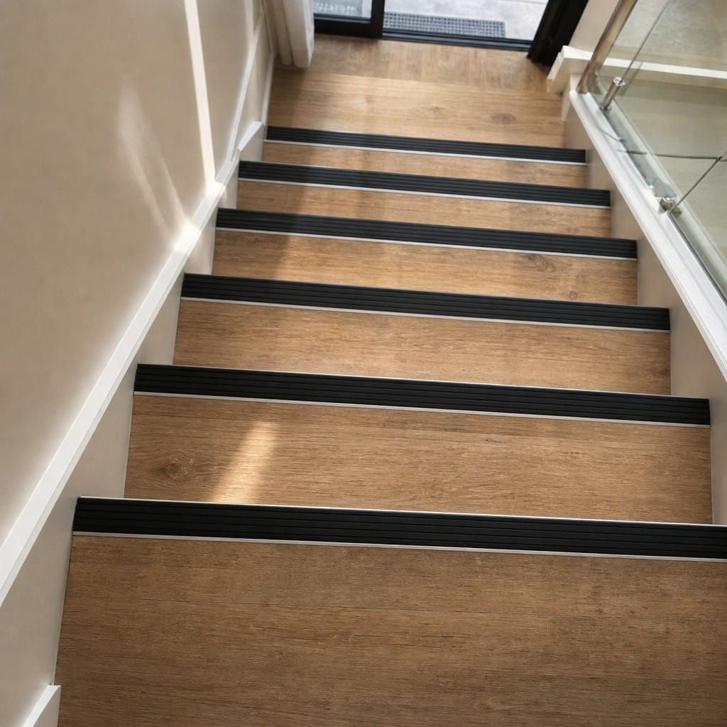Customer photo review of Aluminium Tile-In Stair Nosing with Replaceable Anti-Slip PVC Tread, 25mm, 9mm and 11mm, 2.5m, Black or Grey