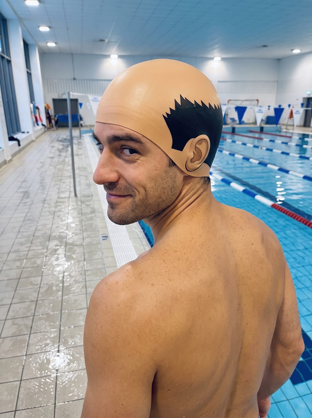 Customer photo review of BALDSPLASH™ Bald Head Swim Cap – Funny Silicone Swimming Cap