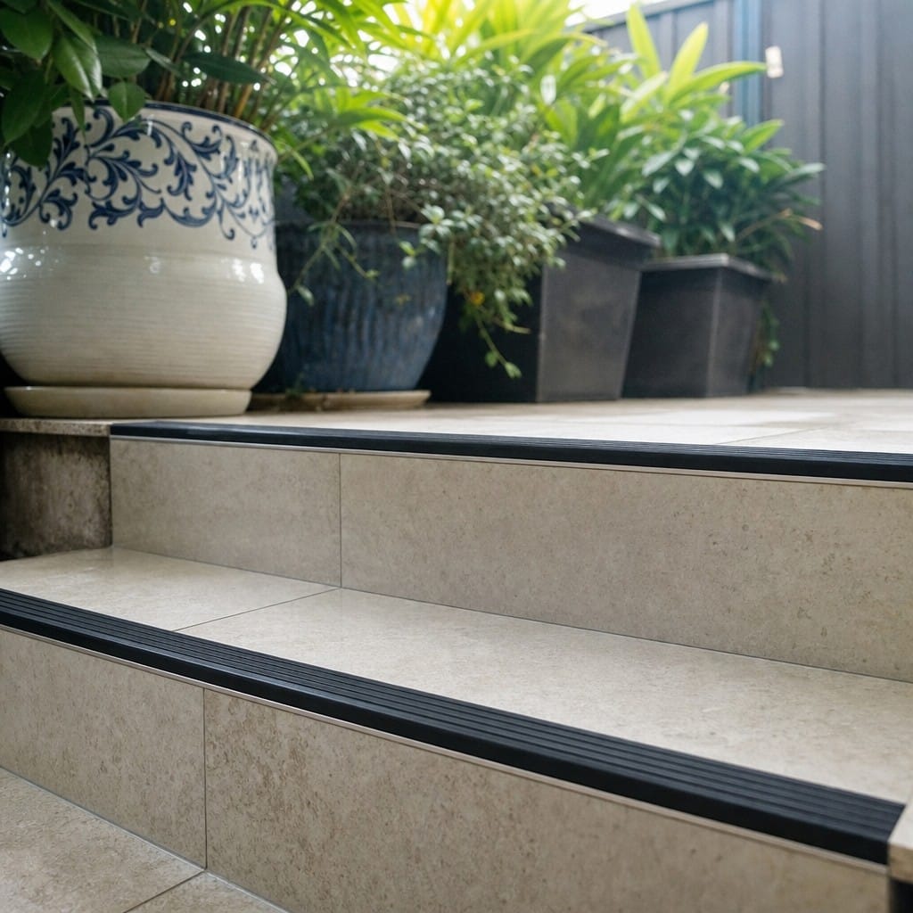 Customer photo review of Aluminium Stair Nosing for Tiled Steps 30mm Tile-In, Anti-Slip PVC Tread, 2.5m