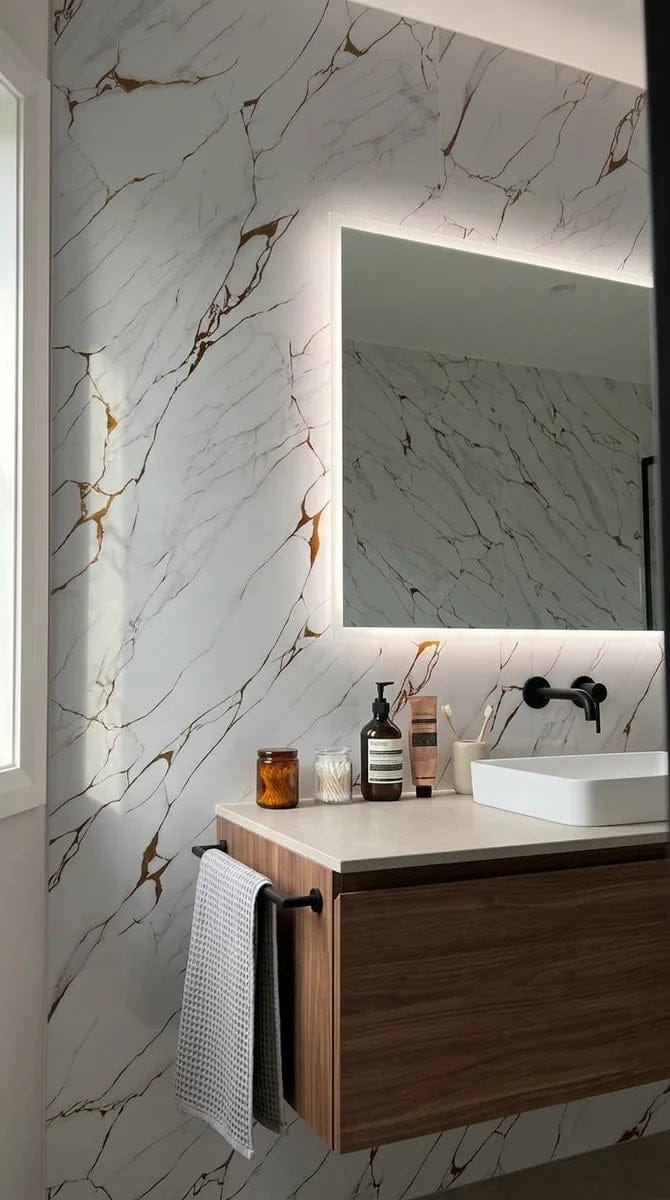 Customer photo review of Panneau PVC - Effet Marbre Blanc Gris - 250 x 120 cm – 100% Imperméable - 15 ans Garantie