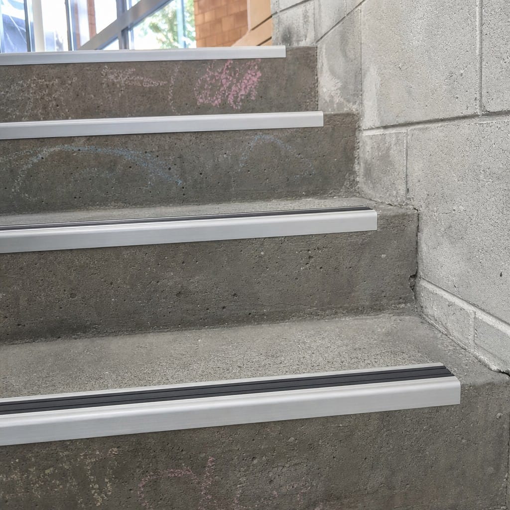Customer photo review of Heavy Duty Chevron Aluminium Stair Nosing 2.44m, Double Insert, 40mm Riser