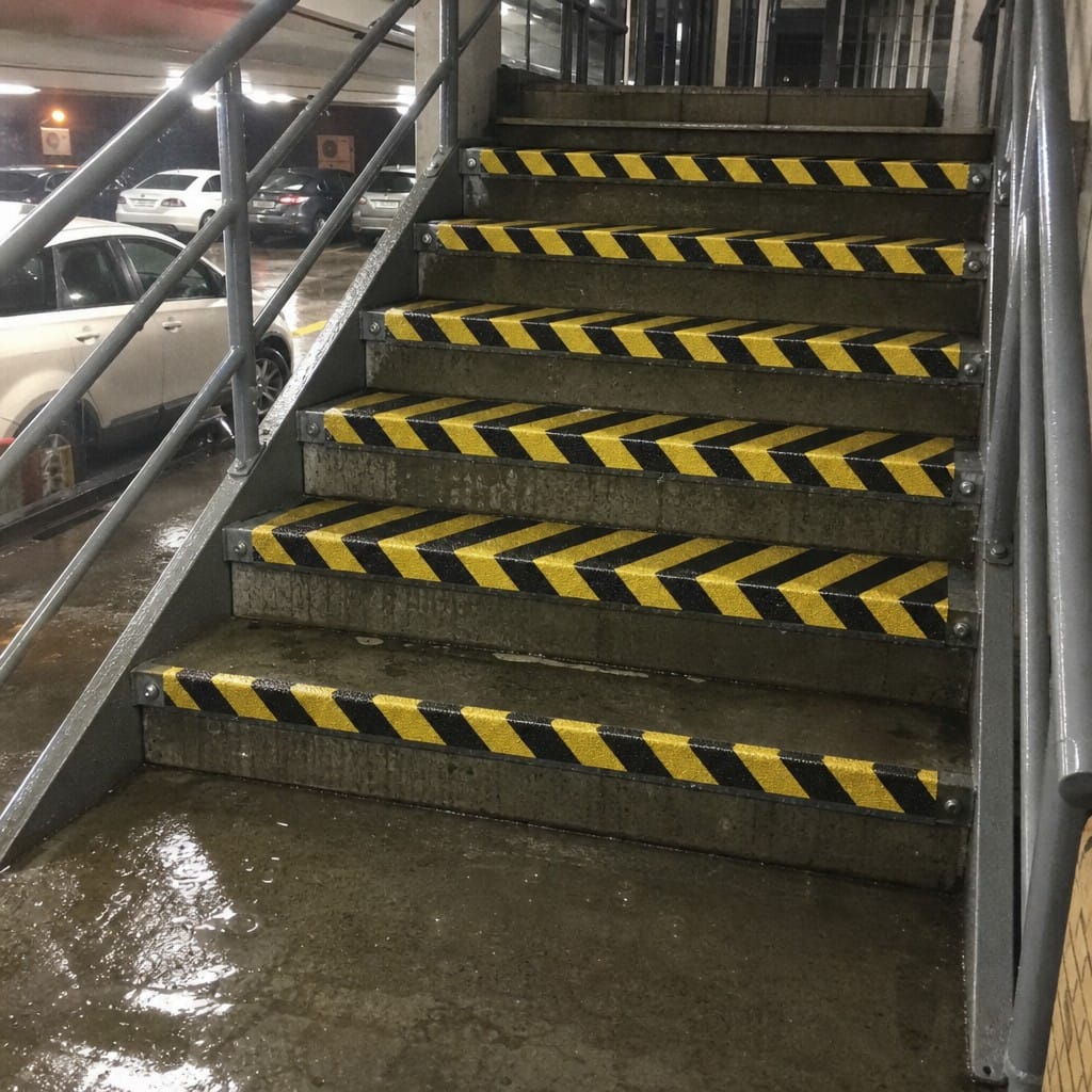 Customer photo review of GRP Anti-Slip Stair Tread Covers 4mm Heavy Duty | Black/Yellow Hazard | DDA | 7 Lengths