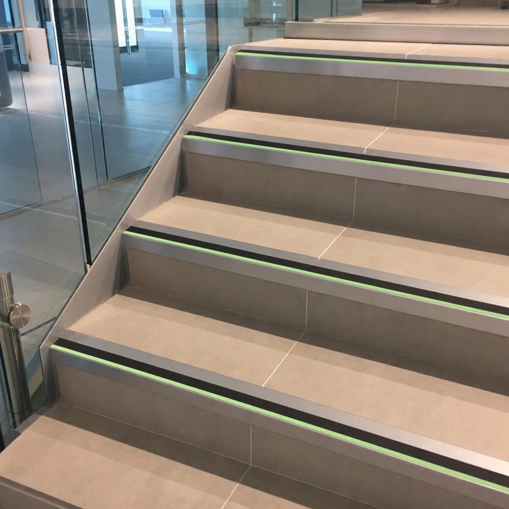 Customer photo review of Aluminium Stair Nosing 57x55mm Photoluminescent Rake Back, DDA
